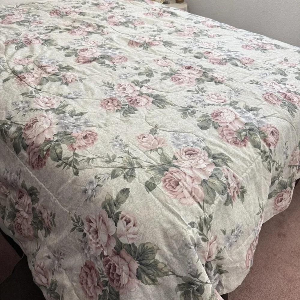 Vintage Bibb Queen Comforter Floral Cabbage Rose Reversible Cottagecore 88x86